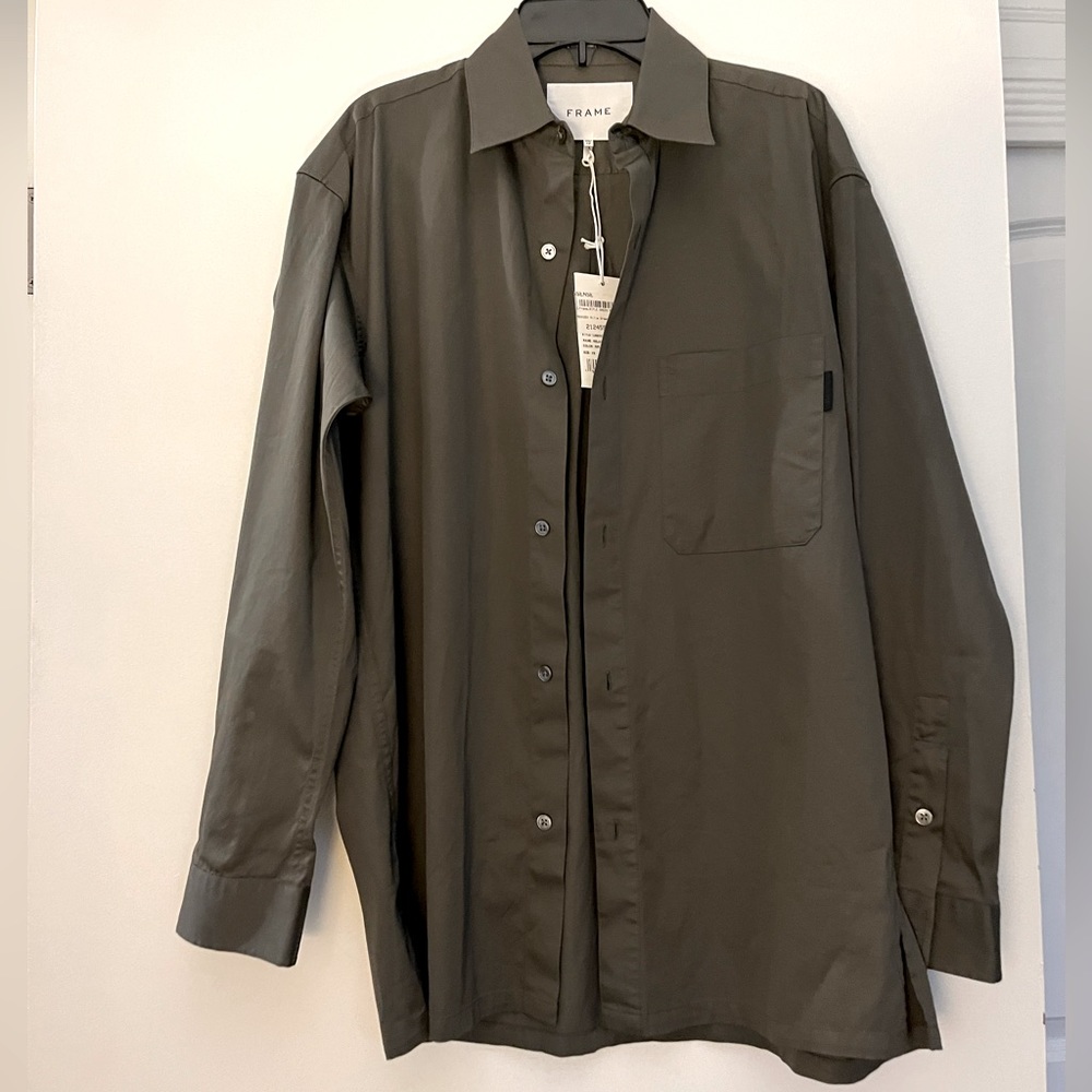 NWT Frame army green oversize relaxed cotton  button down dress shirt women’s XS